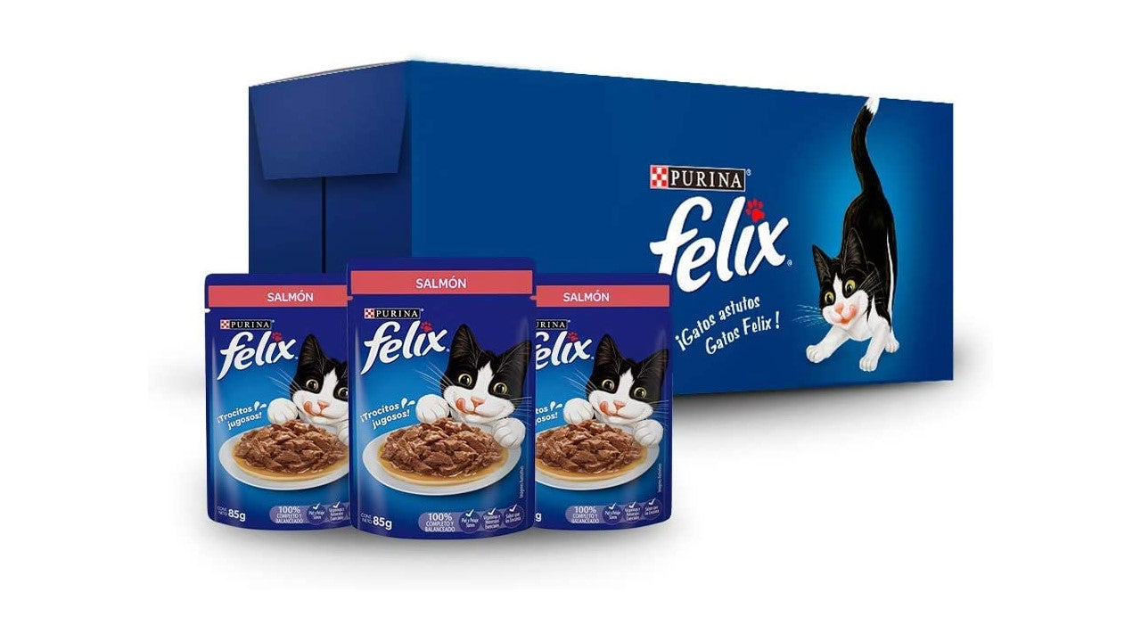 Alimento felino húmedo Paquete de 24 sobres felix Salmon 85 Gr