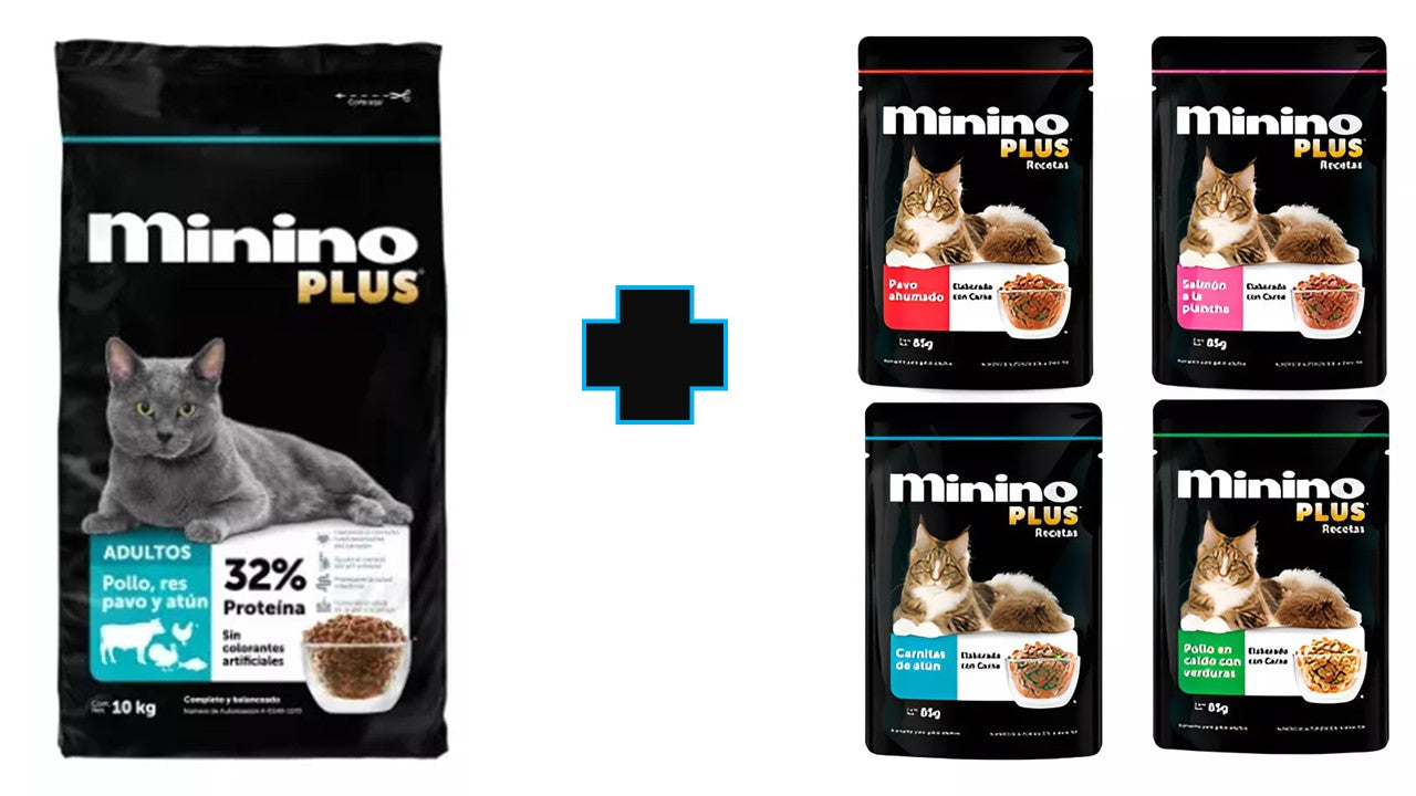 Alimento felino seco Paquete minino plus 10 kg + 10 sobres minino plus 85 gr