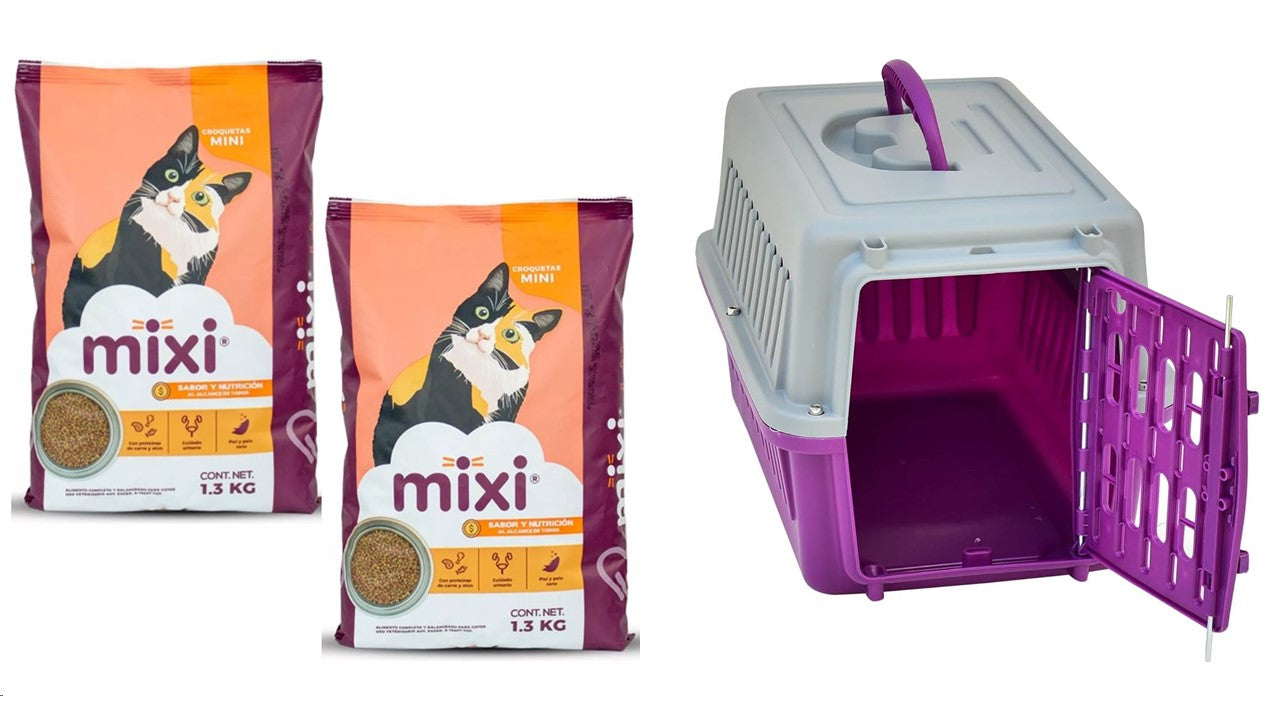 Alimento felino seco Paquete de 2 Alimento para gato Mixi 1.3 kg + 1 jaula transportadora Seven Pet