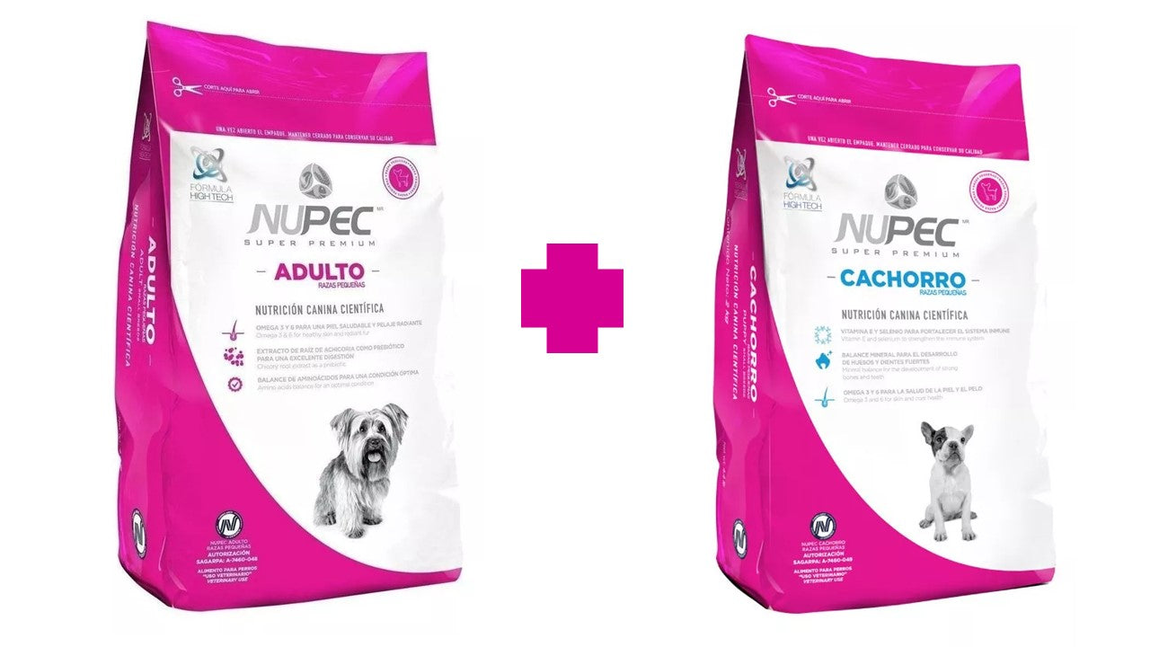 Paquete nupec adulto razas pequeñas 8 kg + nupec cachorro razas pequeñas 8 kg
