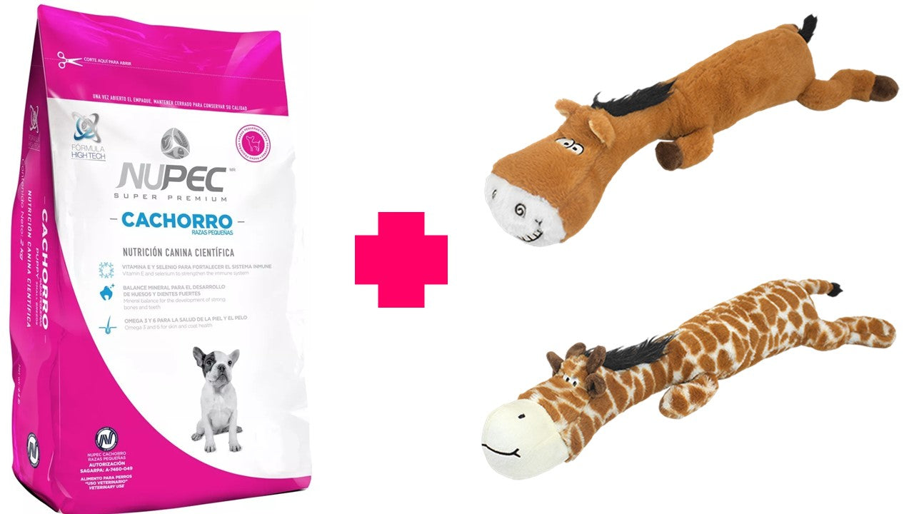 Paquete Nupec cachorro razas pequeñas 2 kg + 1 juguete jirafa o caballo squeaker sonido Fancy pets