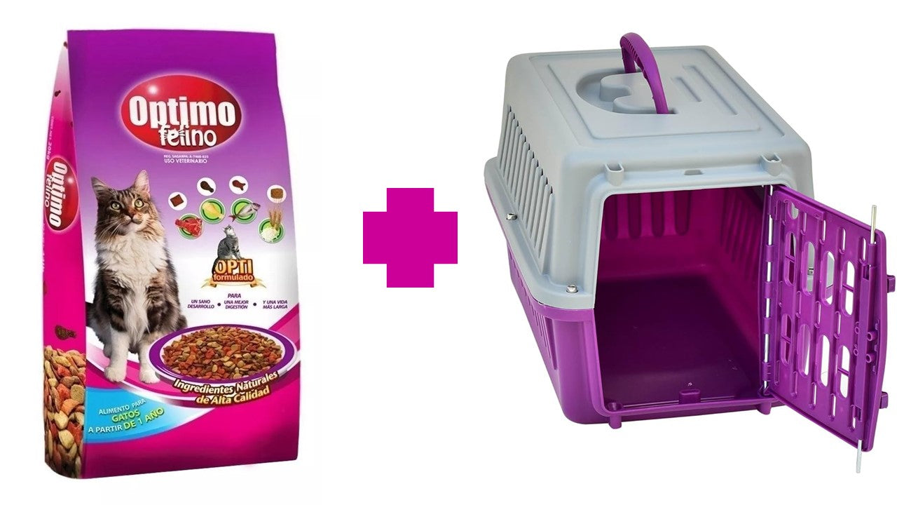 Alimento felino seco Paquete Optimo felino 3 kg + 1 jaula transportadora Seven Pet