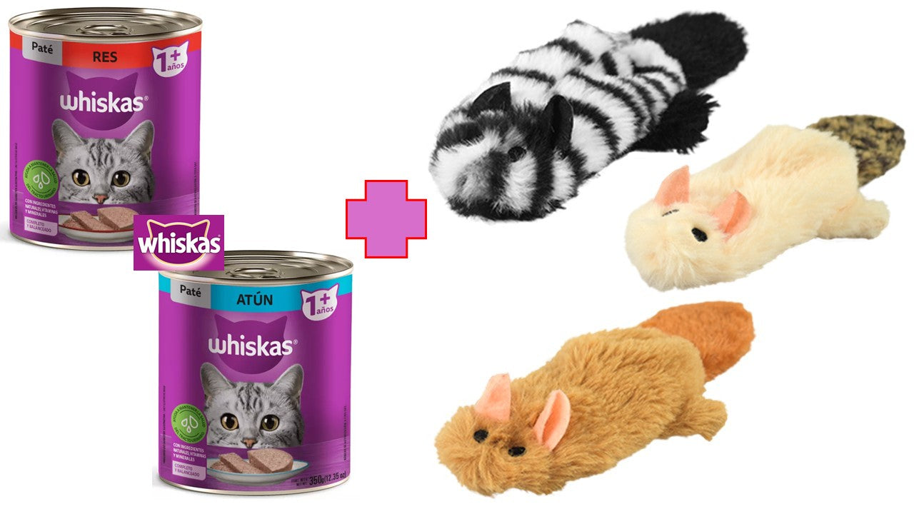 Alimento felino húmedo Paquete de 8 latas whiskas pate res y atun húmedo 350 gr + 1 juguete relleno de catnip y cola squeaker Fancy pets