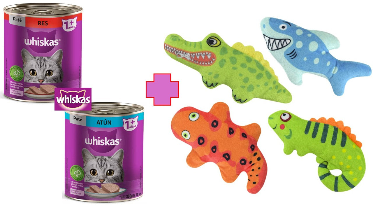 Paquete de 8 latas whiskas pate res y atun humedo 350 gr + 1 juguete con sonido Fancy pets