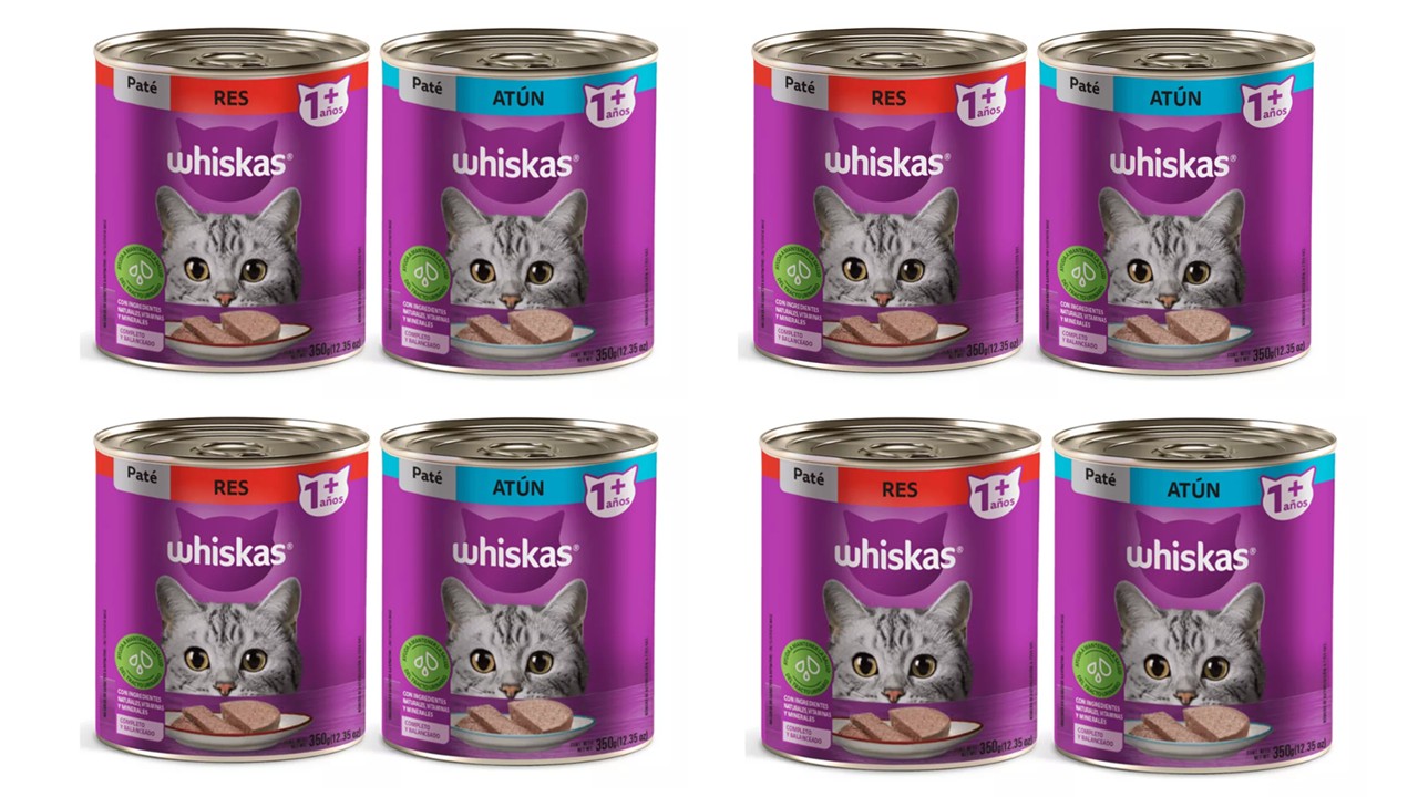 Paquete de 8 latas whiskas pate res y atun humedo 350 gr