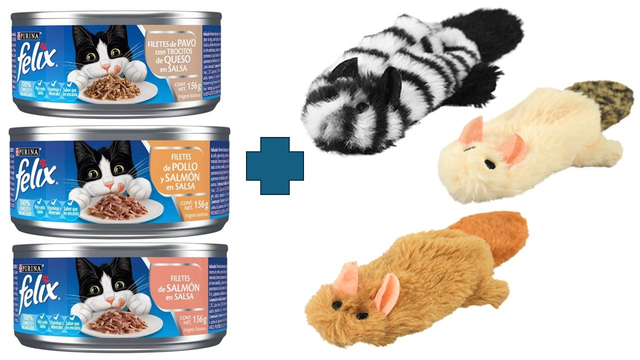 Paquete de 8 latas Felix filetes alimento humedo 156 gr + 1 juguete relleno de catnip y cola squeaker Fancy pets