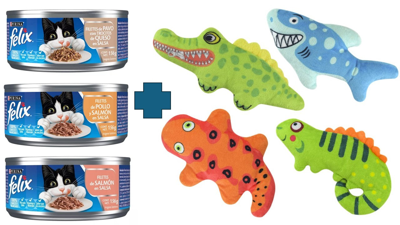 Paquete de 8 latas Felix filetes alimento humedo 156 gr + 1 juguete con sonido Fancy pets