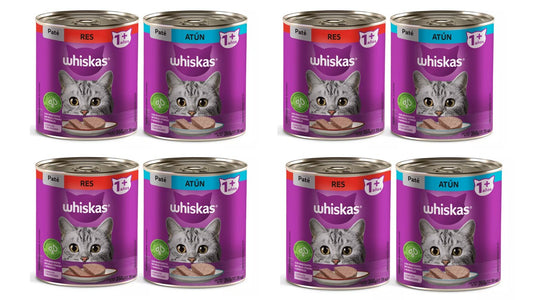 Paquete de 8 latas whiskas pate res y atun humedo 350 gr