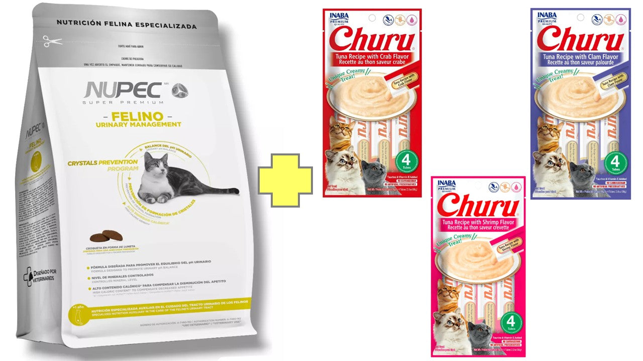 Paquete Nupec felino Urinary 3 kg + 1 bolsa de  4 tubos húmedos churu premio 56 gr