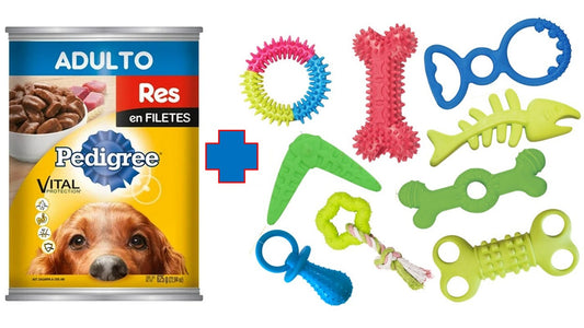 Alimento perro húmedo Paquete de 6 latas pedigree res en filetes 625 gr + 1 juguete de caucho marca Fancy pets