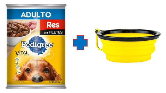 Alimento perro húmedo Paquete de 6 latas pedigree res en filetes 625 gr + 1 plato de viaje plegable Fancy pets