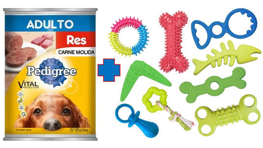 Paquete de 6 latas pedigree res molida 625 gr + 1 juguete de caucho marca Fancy pets