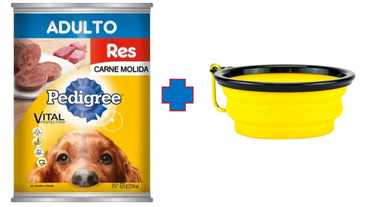 Alimento perro húmedo Paquete de 6 latas pedigree res molida 625 gr + 1 plato de viaje plegable Fancy pets